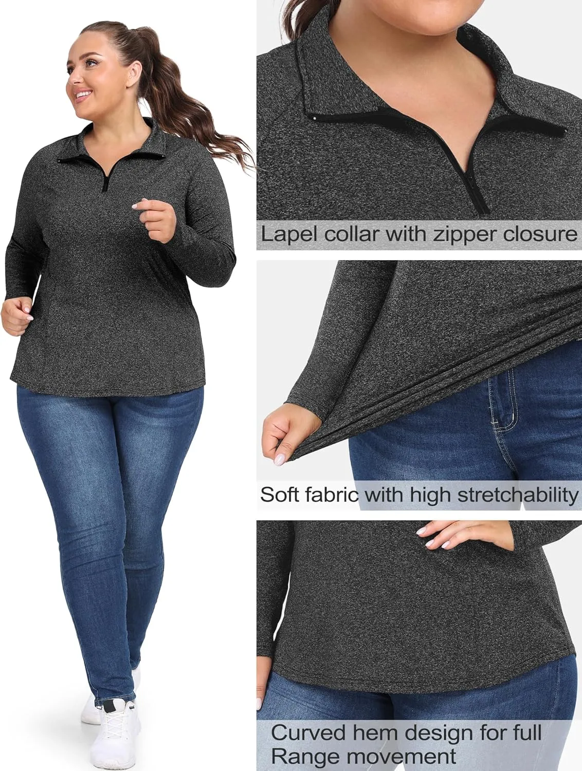 FOREYOND Womens Plus Size Workout Tops Long Sleeve Quarter Zip Pullover Althetic Shirts Moisture Wicking Hiking Clothes