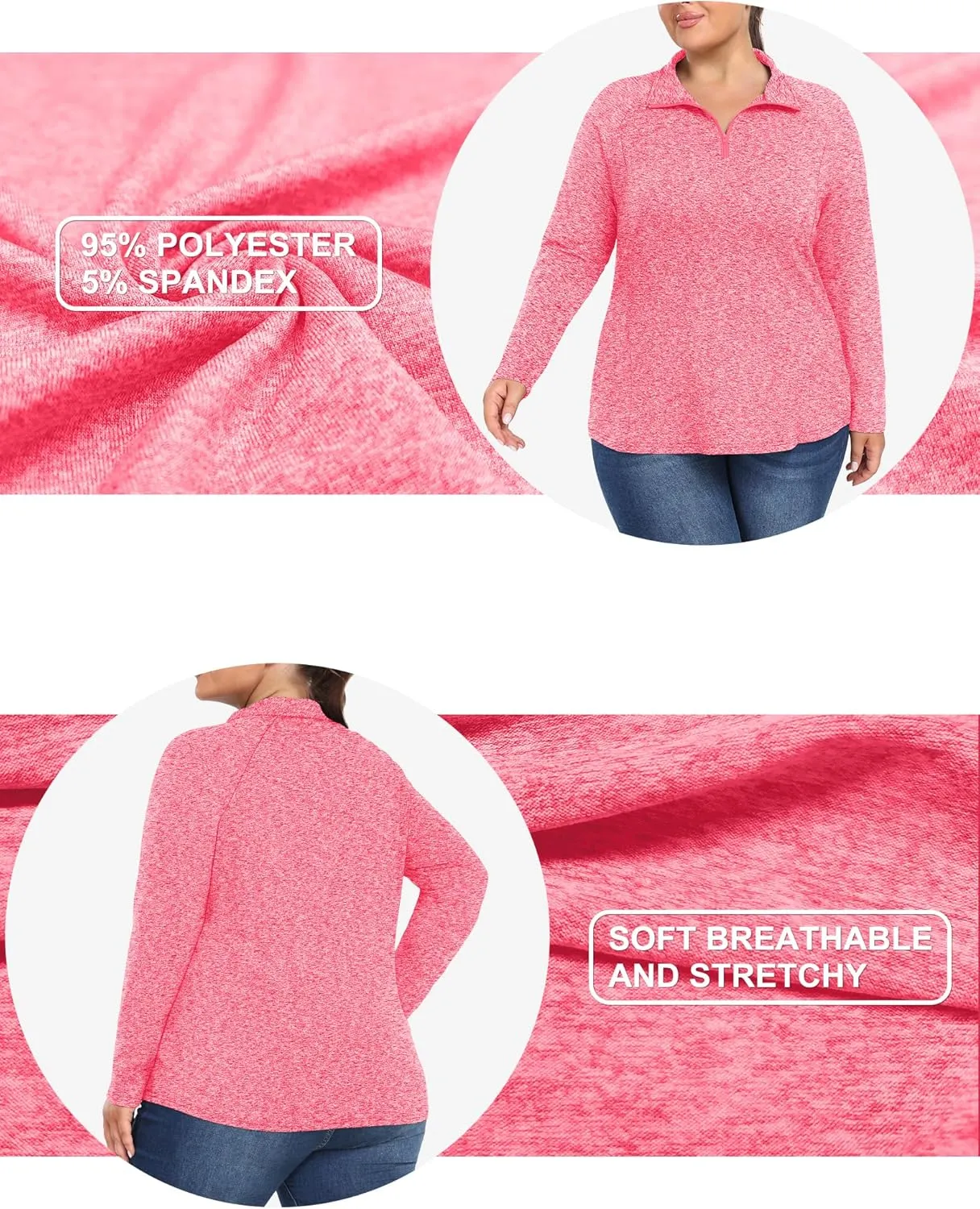 FOREYOND Womens Plus Size Workout Tops Long Sleeve Quarter Zip Pullover Althetic Shirts Moisture Wicking Hiking Clothes