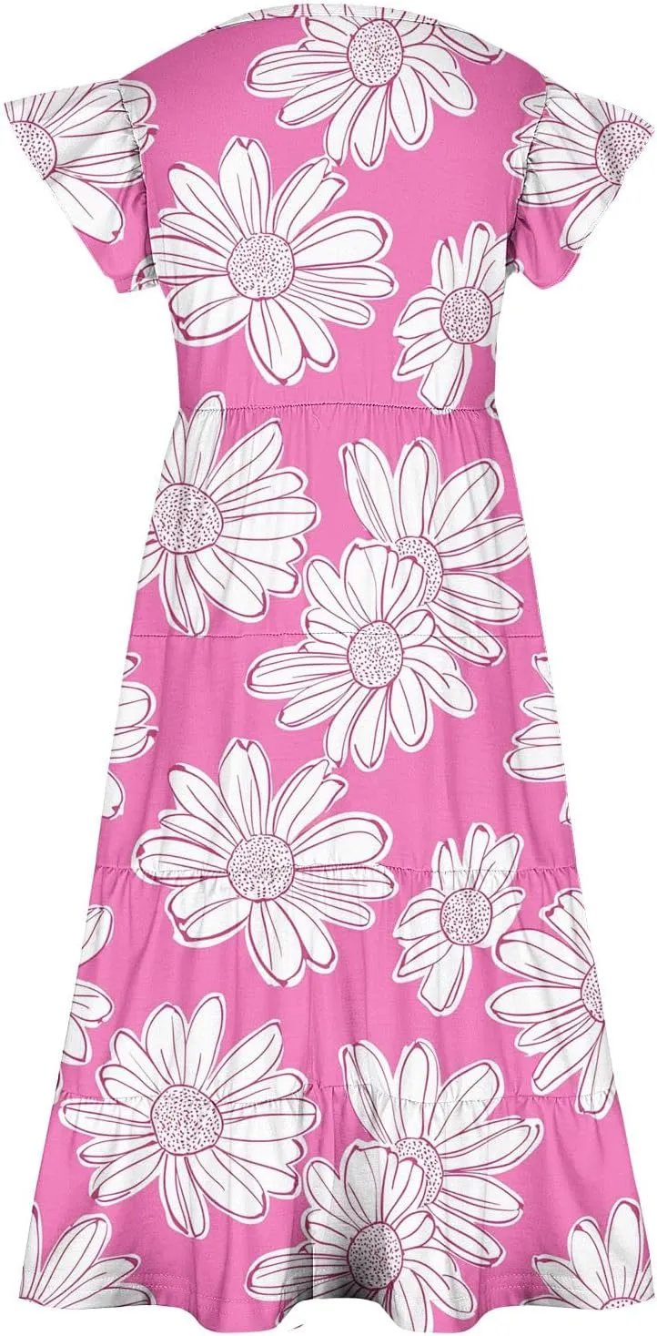 Girls Dresses Summer Floral Print Ruffle Tiered Layers Flowy Swing Sundress Casual Short Sleeve A-Line Midi Dress