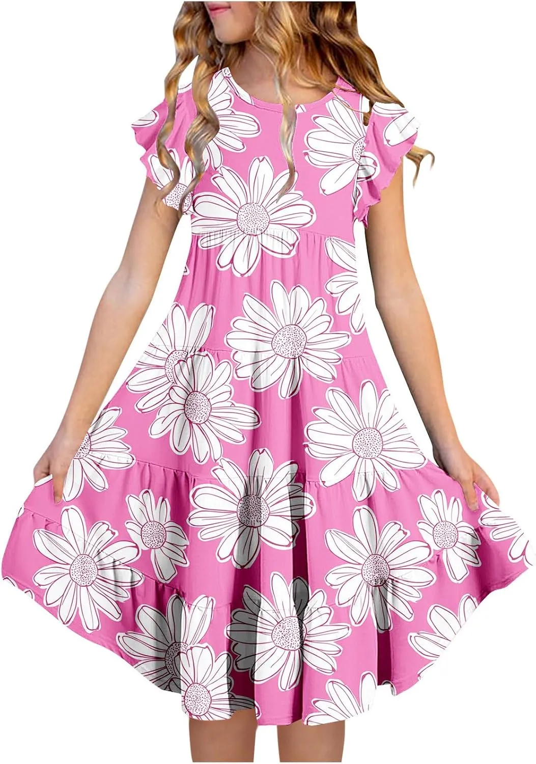 Girls Dresses Summer Floral Print Ruffle Tiered Layers Flowy Swing Sundress Casual Short Sleeve A-Line Midi Dress