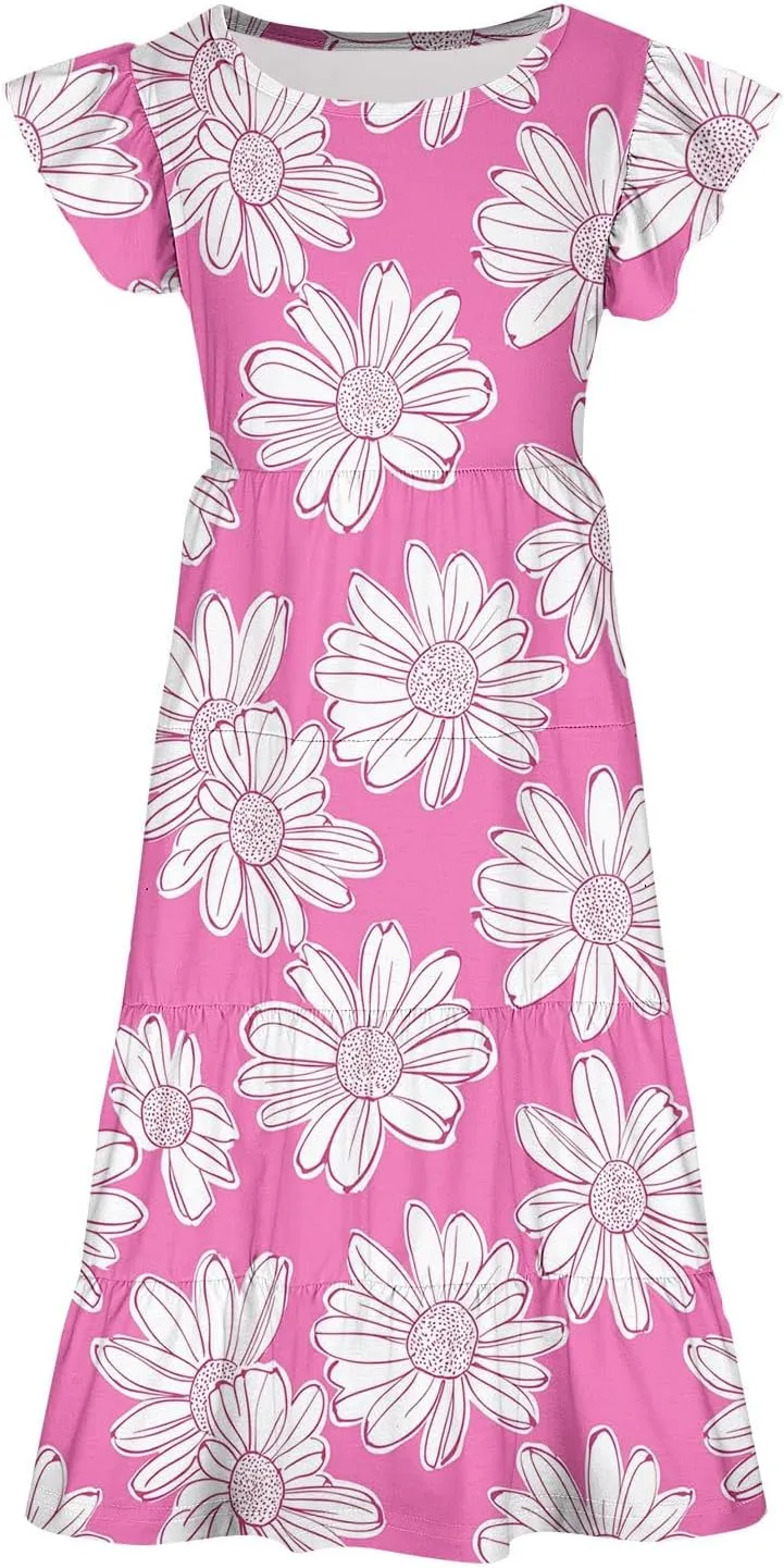 Girls Dresses Summer Floral Print Ruffle Tiered Layers Flowy Swing Sundress Casual Short Sleeve A-Line Midi Dress