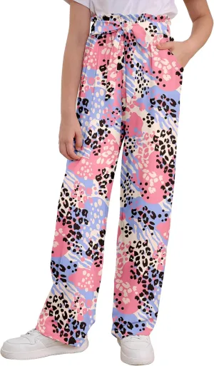 Girls Wide Leg Pants Casual Elastic Waist Self Tie Soft Comfortable with Pockets Lounge Pants Size 7-14