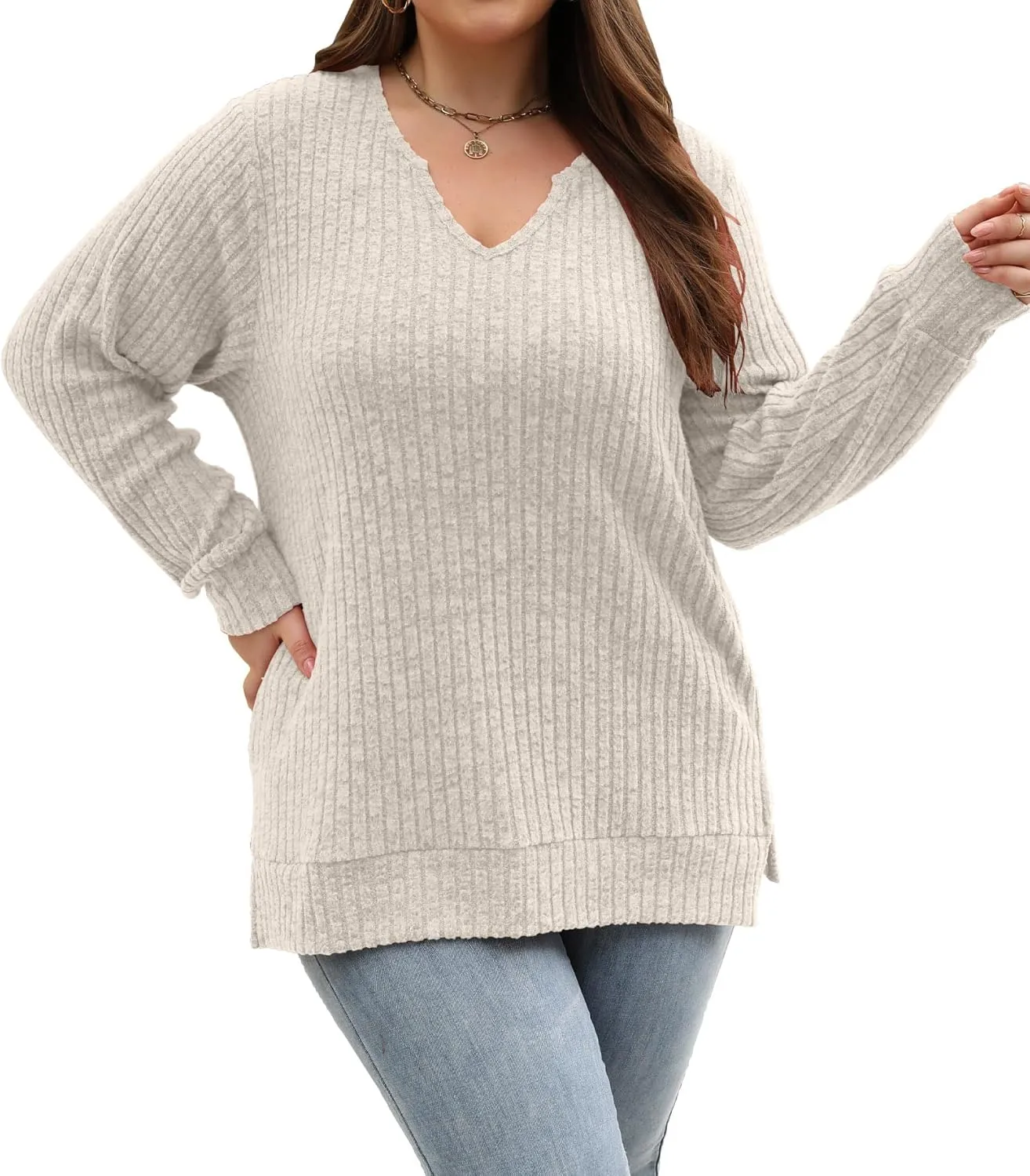 Gloria&Sarah Women's Casual Long Sleeve V Neck Lightweight Knitted Sweaters Loose Fit Plus Size Tunic Tops L-4XL