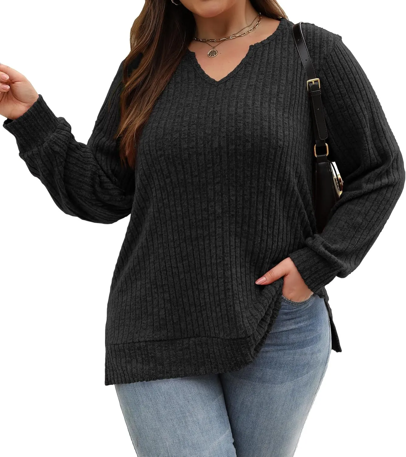 Gloria&Sarah Women's Casual Long Sleeve V Neck Lightweight Knitted Sweaters Loose Fit Plus Size Tunic Tops L-4XL