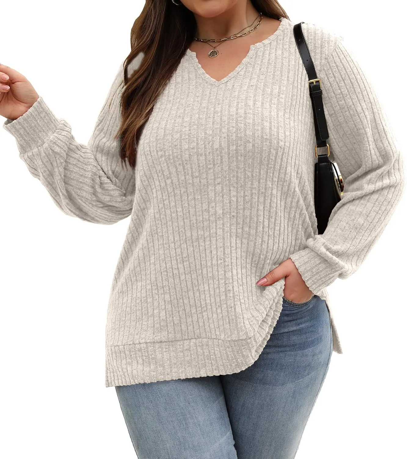 Gloria&Sarah Women's Casual Long Sleeve V Neck Lightweight Knitted Sweaters Loose Fit Plus Size Tunic Tops L-4XL