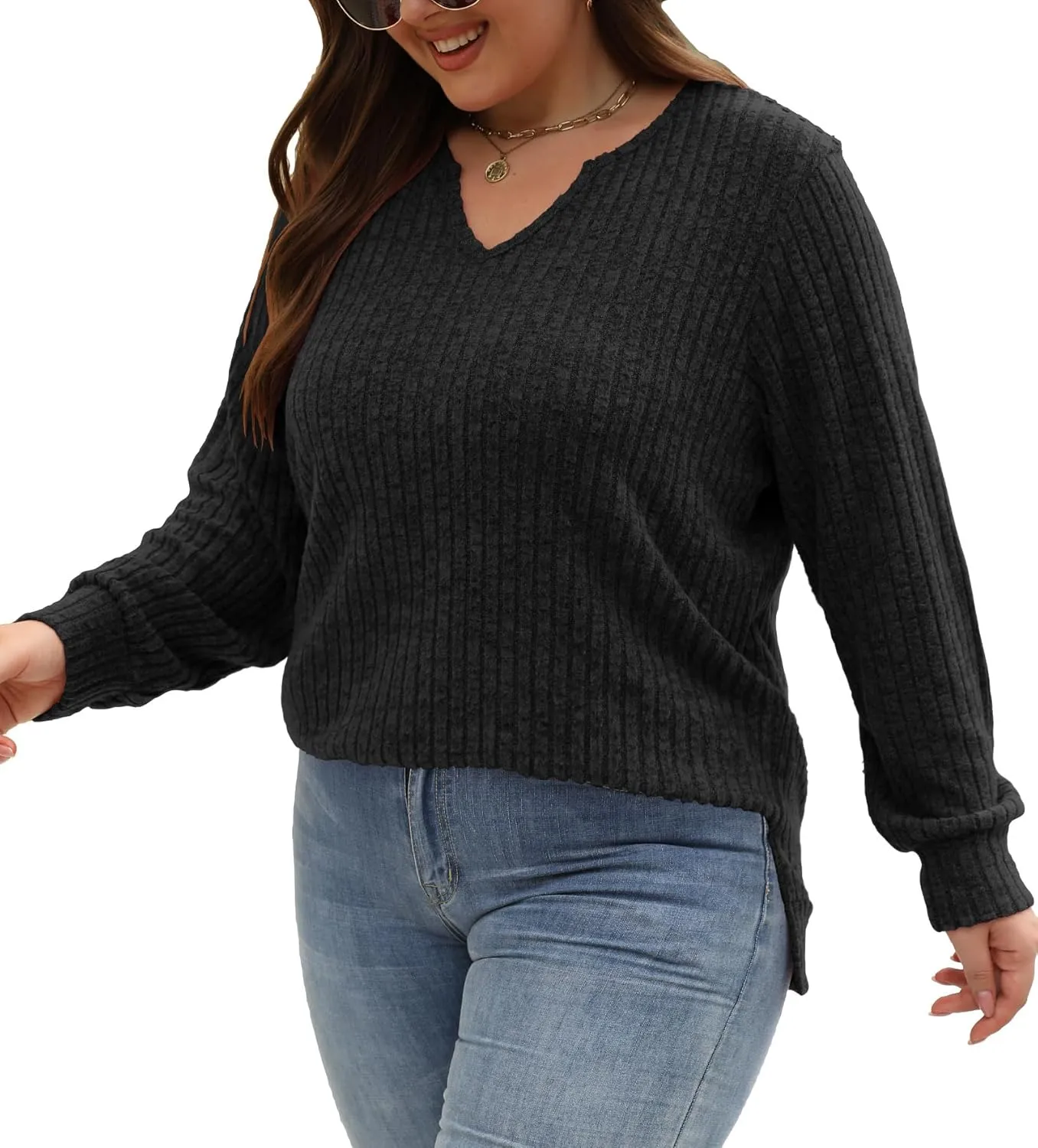 Gloria&Sarah Women's Casual Long Sleeve V Neck Lightweight Knitted Sweaters Loose Fit Plus Size Tunic Tops L-4XL