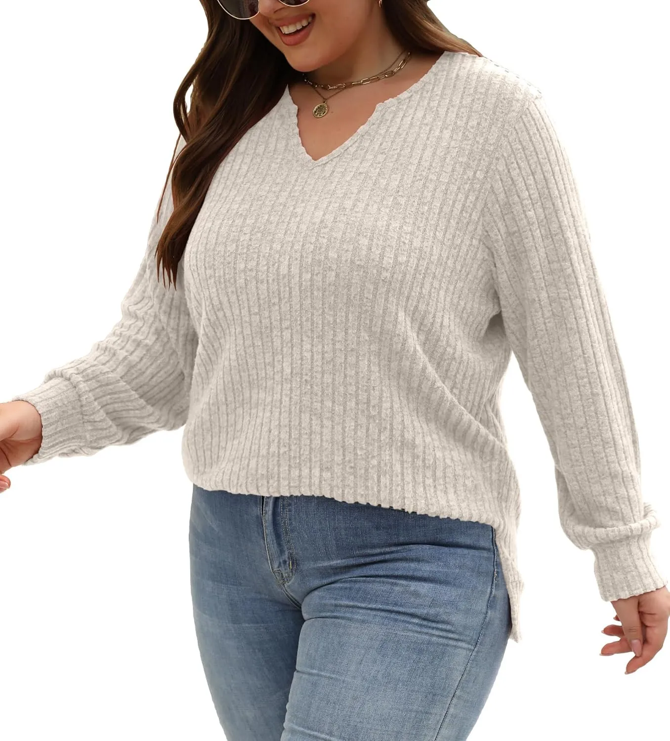 Gloria&Sarah Women's Casual Long Sleeve V Neck Lightweight Knitted Sweaters Loose Fit Plus Size Tunic Tops L-4XL