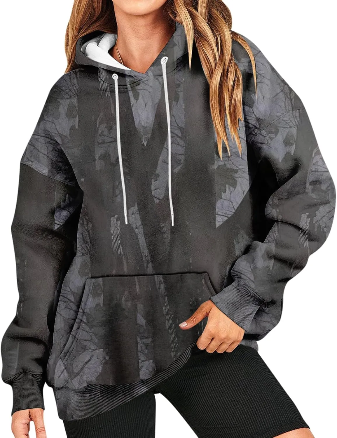 GOFULY Camo Hoodie Womens Fall Oversized Sweatshirt Maple Leaf Print Drawstring Trendy Camo Shirt Clothes With Pockets