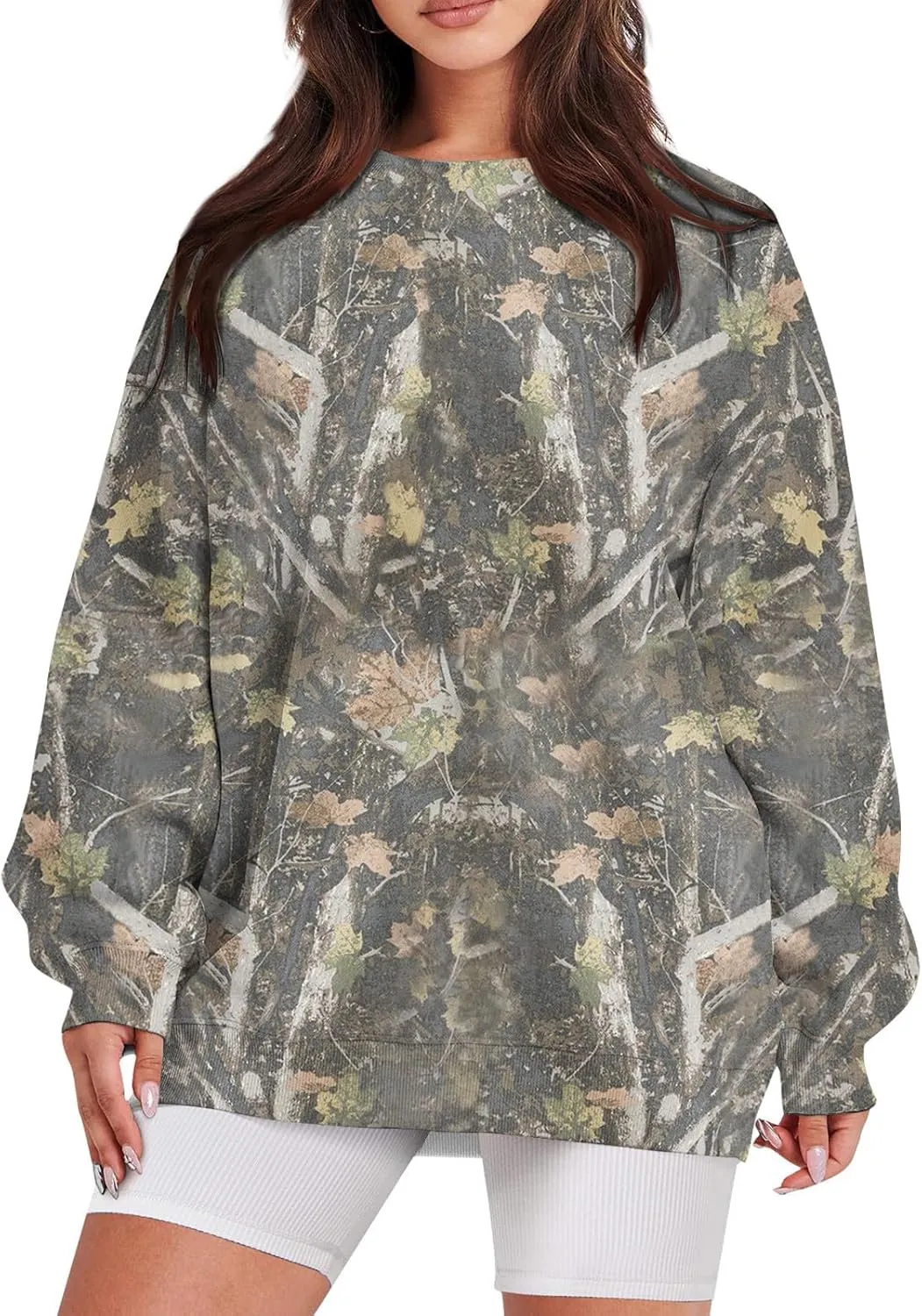 GOFULY Camo Sweatshirt For Women Crewneck Fall Oversized Y2k Camo Shirt Pullover Long Sleeve Maple Leaf Print Travel Clothes