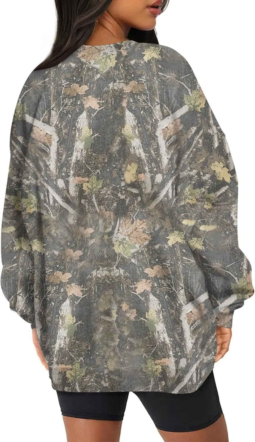 GOFULY Camo Sweatshirt For Women Crewneck Fall Oversized Y2k Camo Shirt Pullover Long Sleeve Maple Leaf Print Travel Clothes
