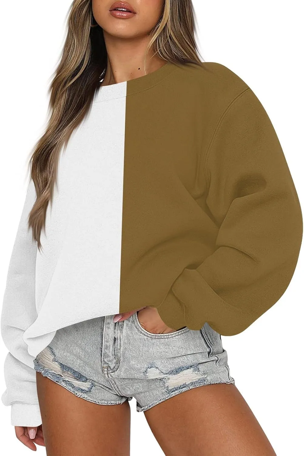 GOFULY Crew Neck Oversized Sweatshirt For Girls Long Sleeve Fall Tops Crop Striped Color Block Sweatshirts Winter Pullover