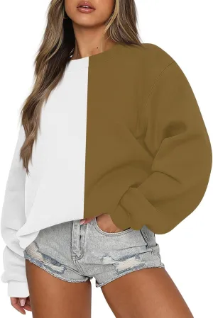 GOFULY Crew Neck Oversized Sweatshirt For Girls Long Sleeve Fall Tops Crop Striped Color Block Sweatshirts Winter Pullover