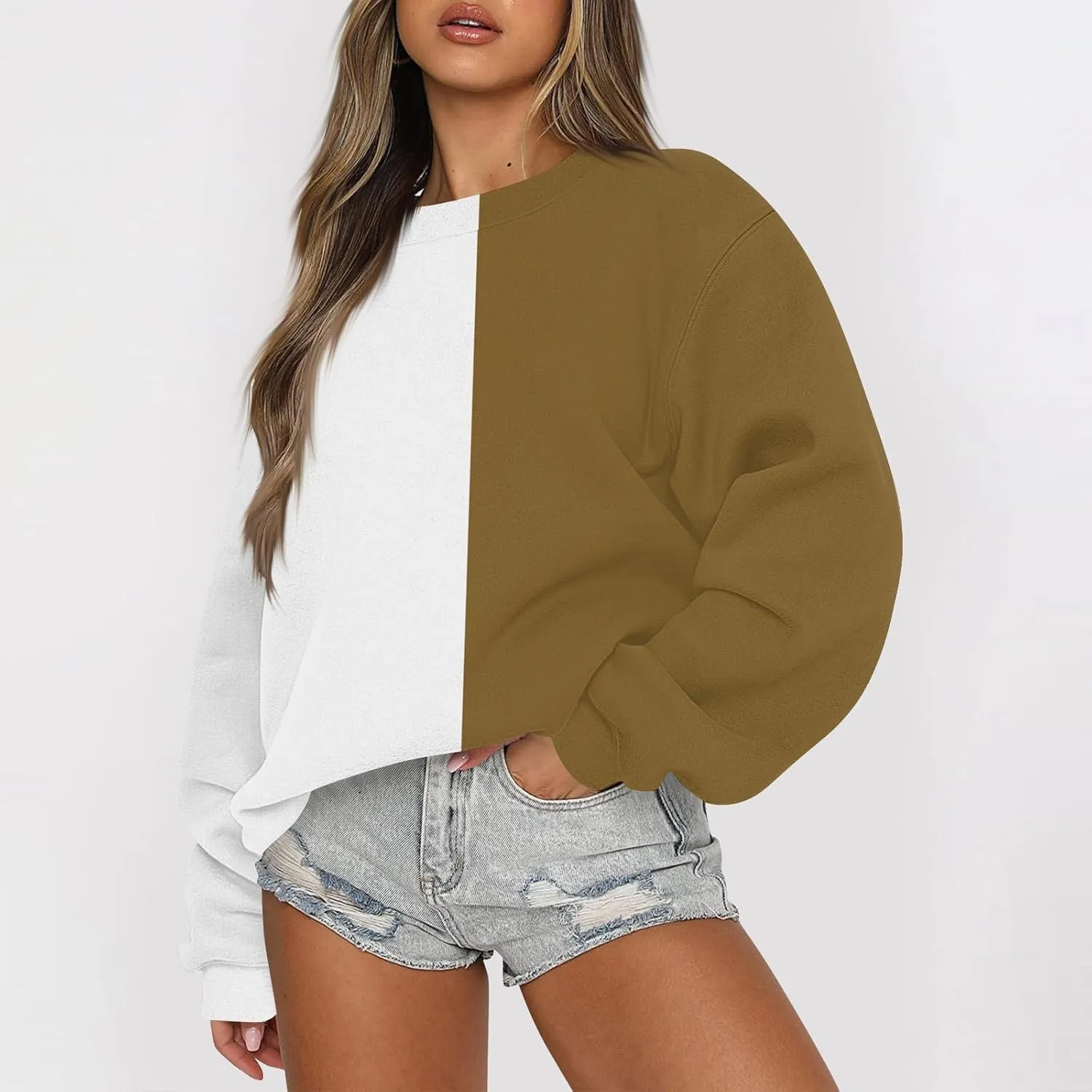 GOFULY Crew Neck Oversized Sweatshirt For Girls Long Sleeve Fall Tops Crop Striped Color Block Sweatshirts Winter Pullover