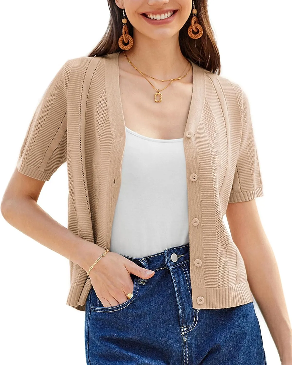 GRACE KARIN Women Short Sleeve Cropped Cardigan Crochet Knit Lightweight Button Down V Neck Bolero Sweater Top 2025