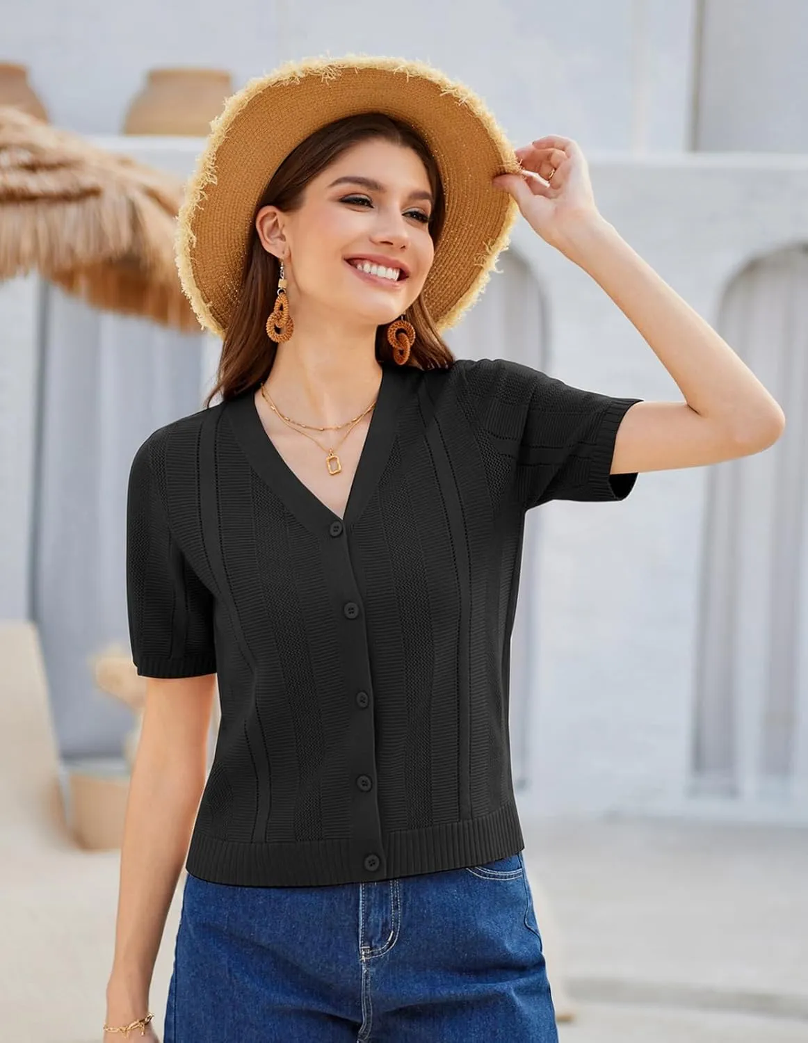 GRACE KARIN Women Short Sleeve Cropped Cardigan Crochet Knit Lightweight Button Down V Neck Bolero Sweater Top 2025