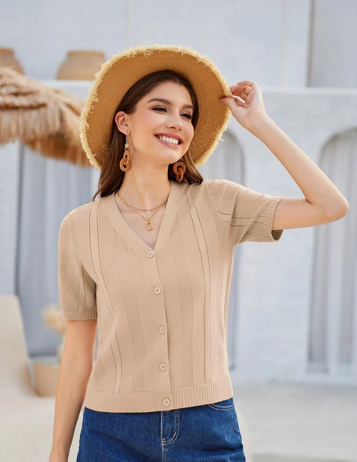 GRACE KARIN Women Short Sleeve Cropped Cardigan Crochet Knit Lightweight Button Down V Neck Bolero Sweater Top 2025