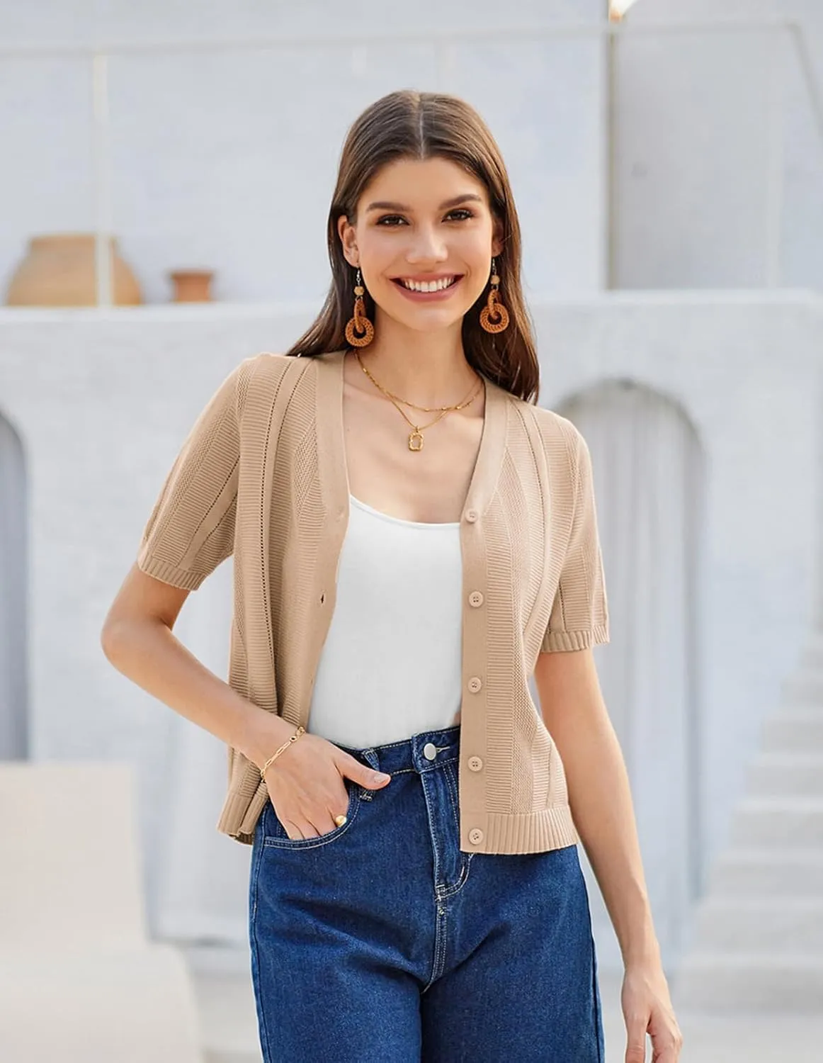 GRACE KARIN Women Short Sleeve Cropped Cardigan Crochet Knit Lightweight Button Down V Neck Bolero Sweater Top 2025