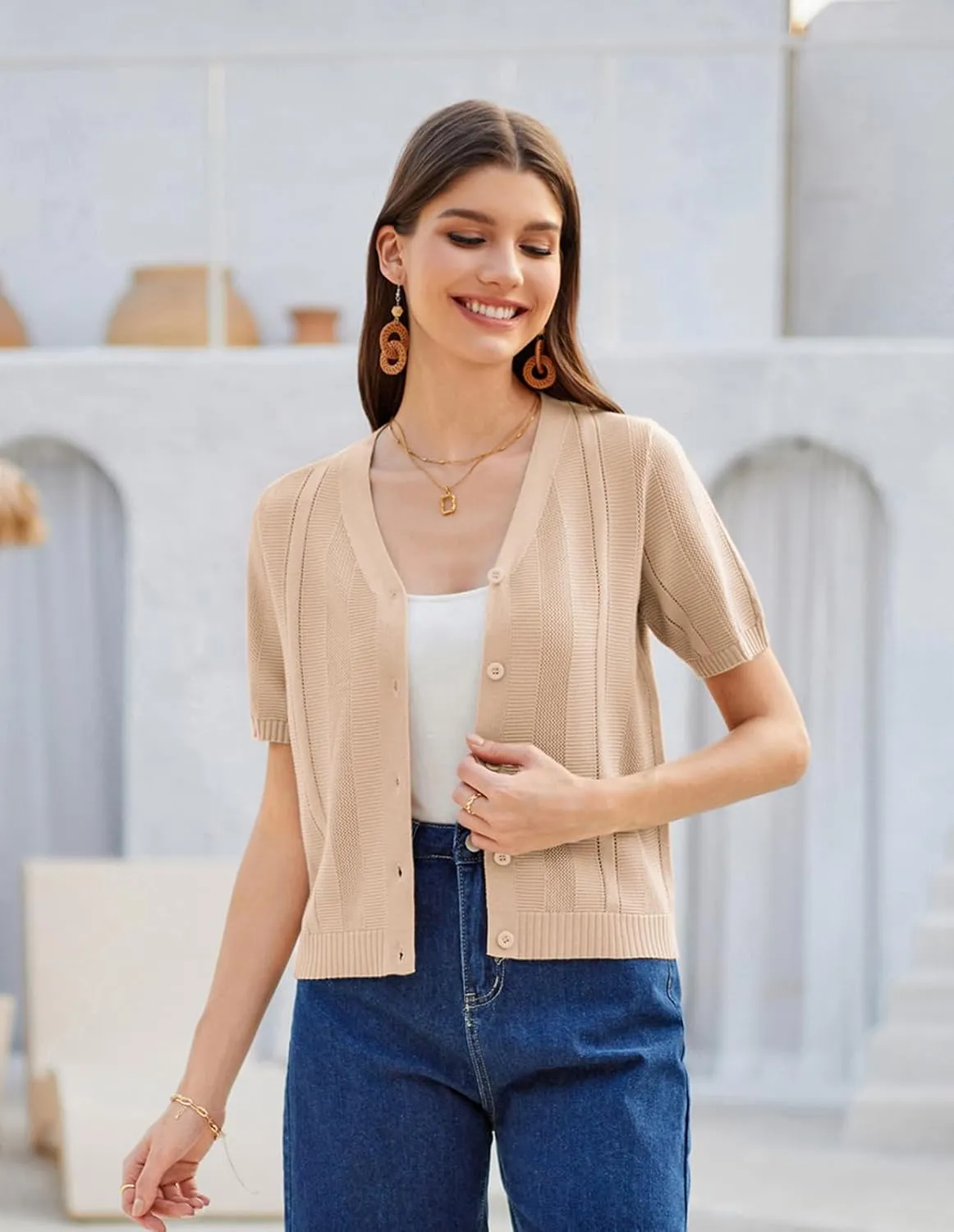 GRACE KARIN Women Short Sleeve Cropped Cardigan Crochet Knit Lightweight Button Down V Neck Bolero Sweater Top 2025