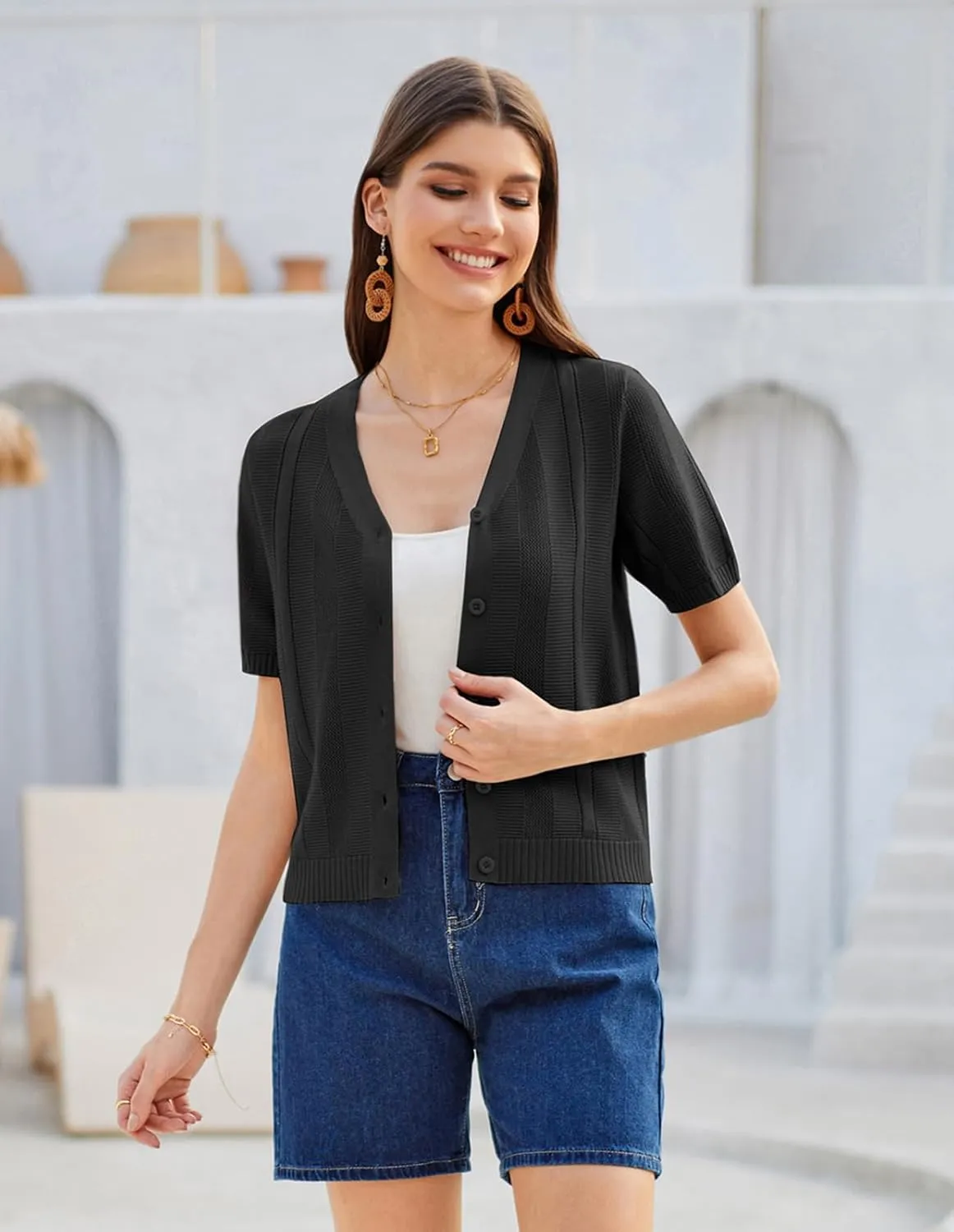 GRACE KARIN Women Short Sleeve Cropped Cardigan Crochet Knit Lightweight Button Down V Neck Bolero Sweater Top 2025