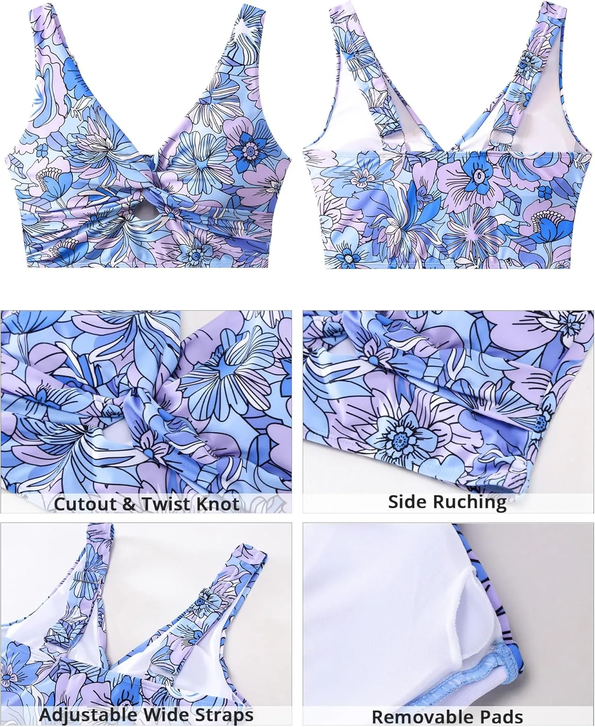 GRAPENT Bikini Tops for Women Cropped Tankini Tops Floral Printed Beach Padded Knot Twist Cut Out Bathing Suit Top Only