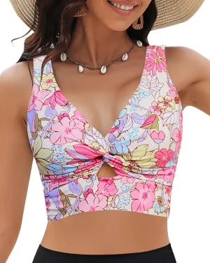 GRAPENT Bikini Tops for Women Cropped Tankini Tops Floral Printed Beach Padded Knot Twist Cut Out Bathing Suit Top Only