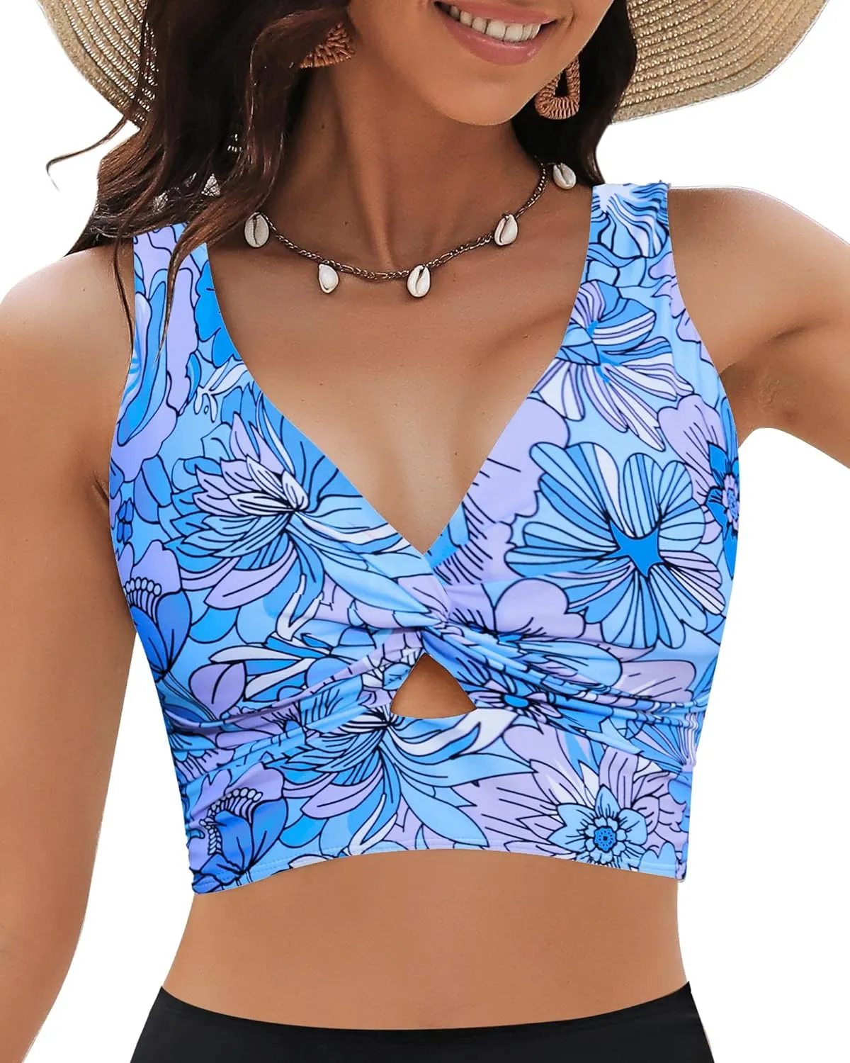 GRAPENT Bikini Tops for Women Cropped Tankini Tops Floral Printed Beach Padded Knot Twist Cut Out Bathing Suit Top Only