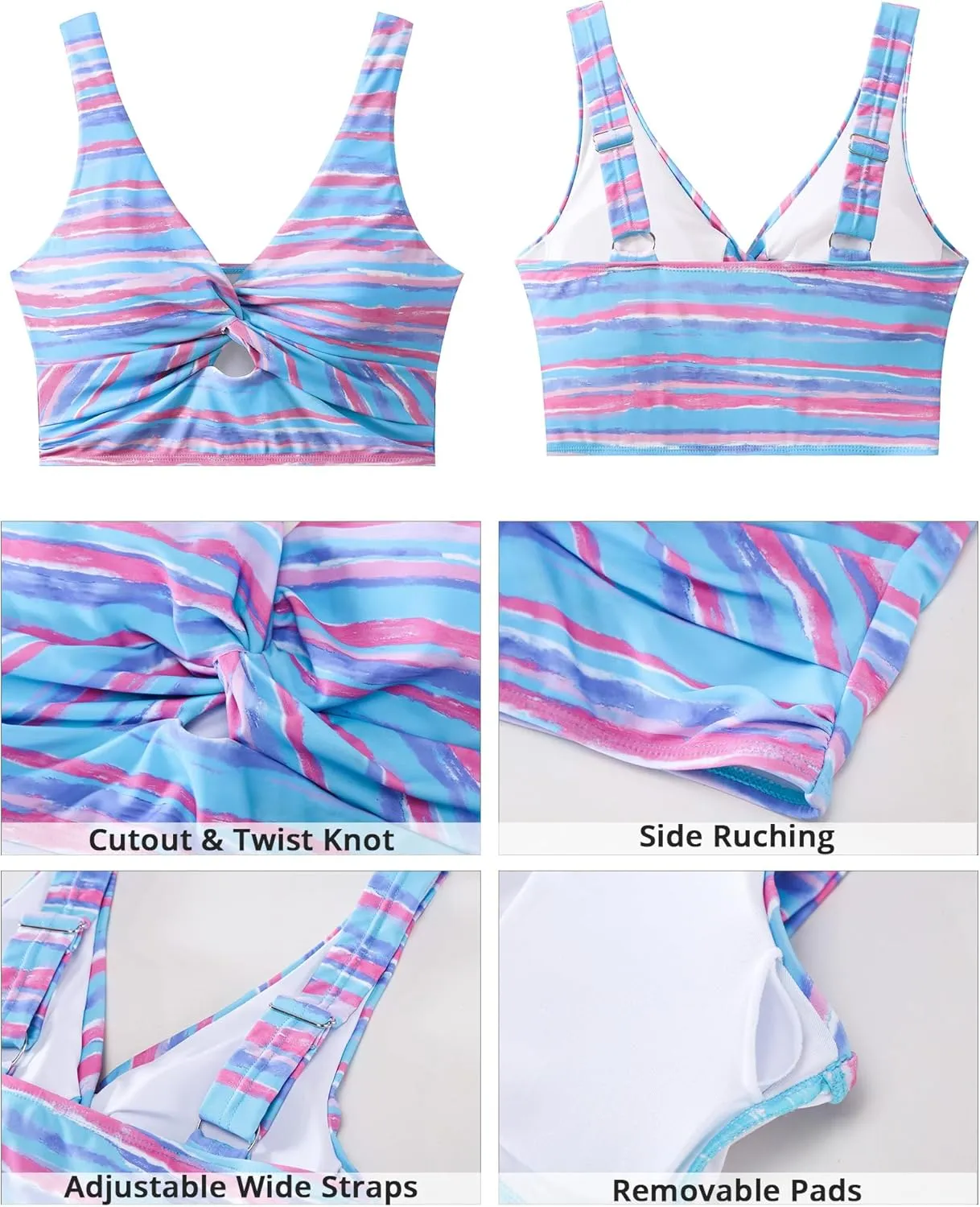 GRAPENT Bikini Tops for Women Cropped Tankini Tops Floral Printed Beach Padded Knot Twist Cut Out Bathing Suit Top Only
