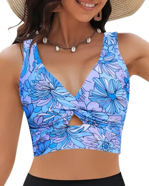 GRAPENT Bikini Tops for Women Cropped Tankini Tops Floral Printed Beach Padded Knot Twist Cut Out Bathing Suit Top Only