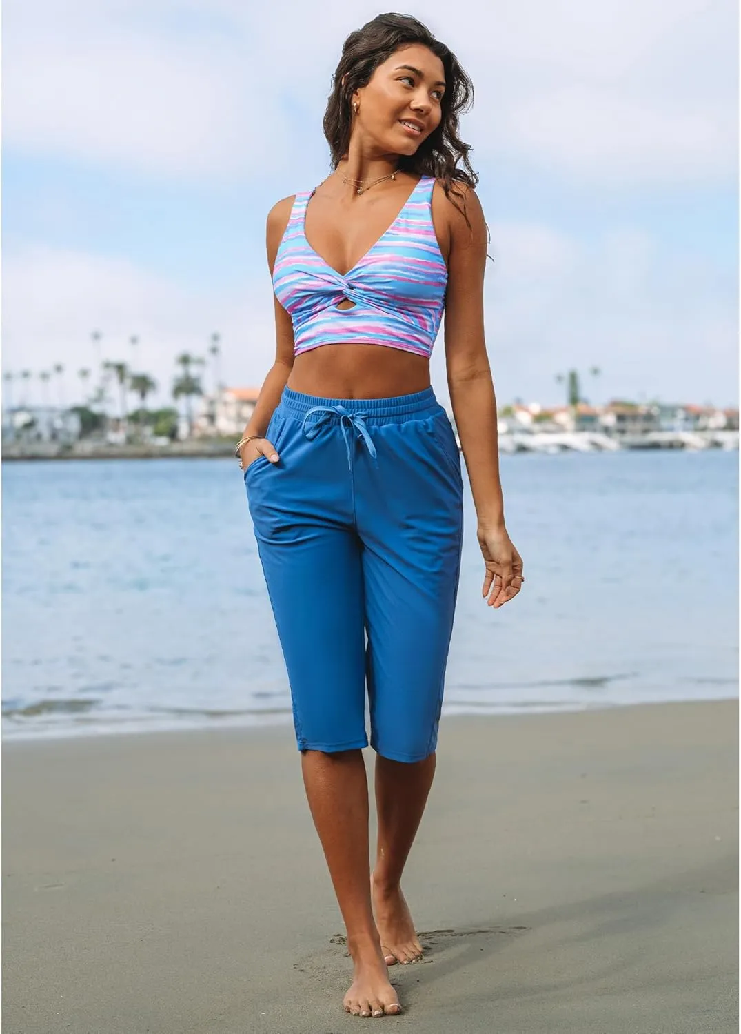 GRAPENT Bikini Tops for Women Cropped Tankini Tops Floral Printed Beach Padded Knot Twist Cut Out Bathing Suit Top Only