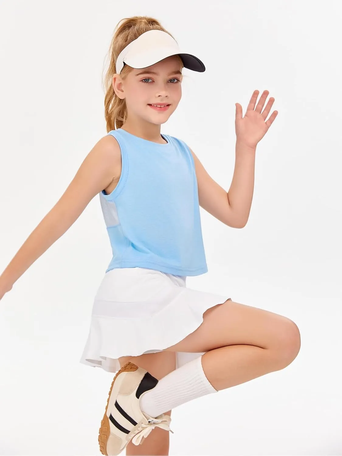 Haloumoning Girls Athletic Tank Tops Kids Sleeveless Crop Tops Mesh Back Workout Cute Sports Shirts 5-14 Years