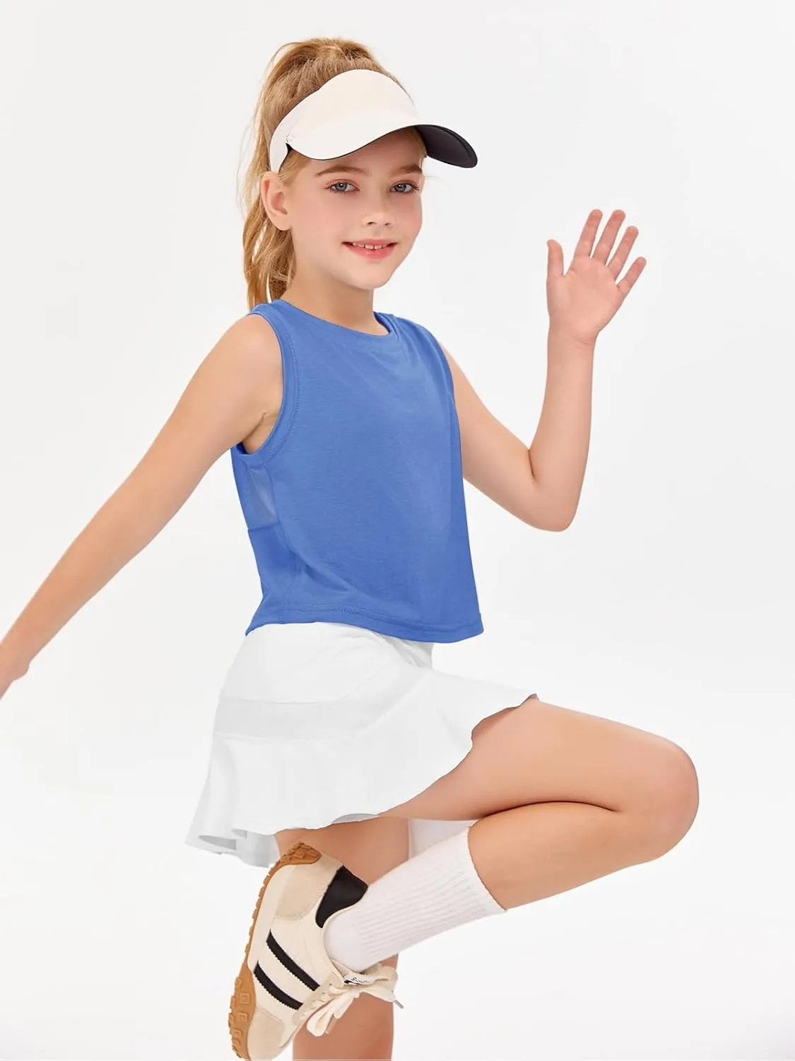Haloumoning Girls Athletic Tank Tops Kids Sleeveless Crop Tops Mesh Back Workout Cute Sports Shirts 5-14 Years