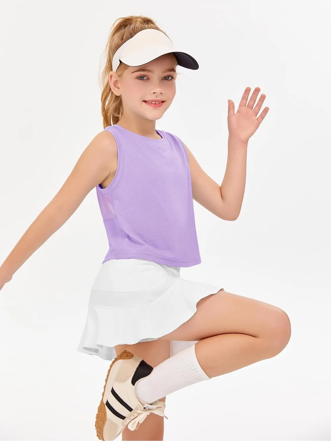 Haloumoning Girls Athletic Tank Tops Kids Sleeveless Crop Tops Mesh Back Workout Cute Sports Shirts 5-14 Years