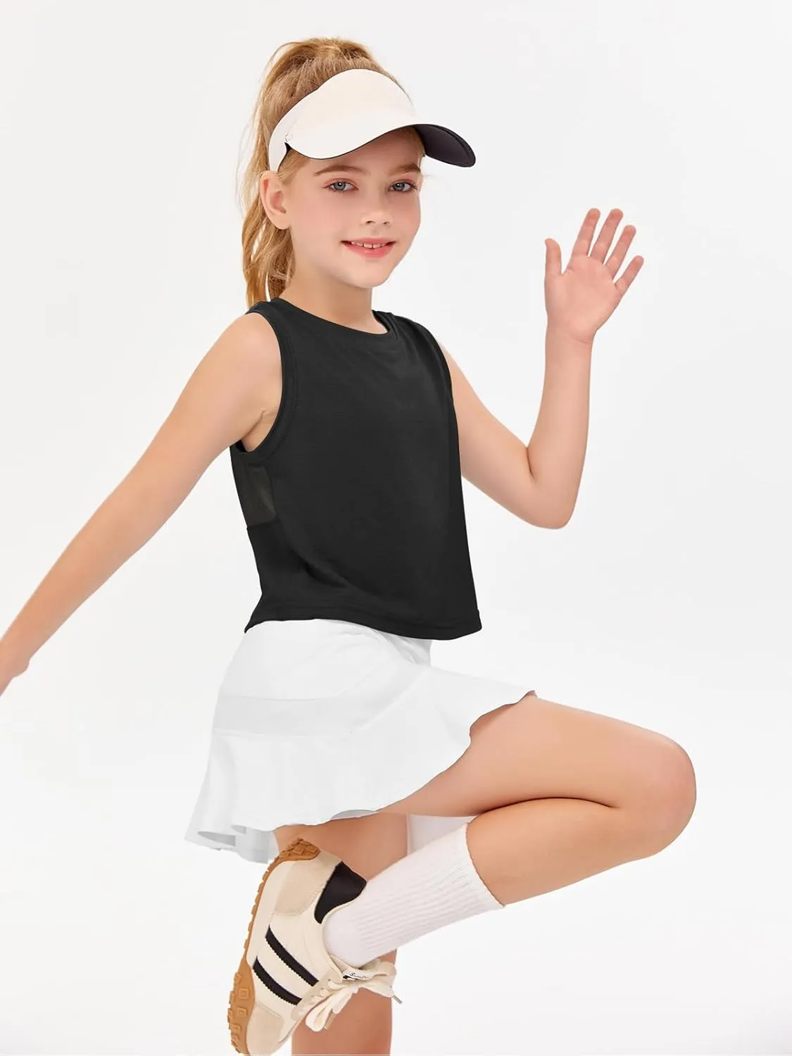 Haloumoning Girls Athletic Tank Tops Kids Sleeveless Crop Tops Mesh Back Workout Cute Sports Shirts 5-14 Years