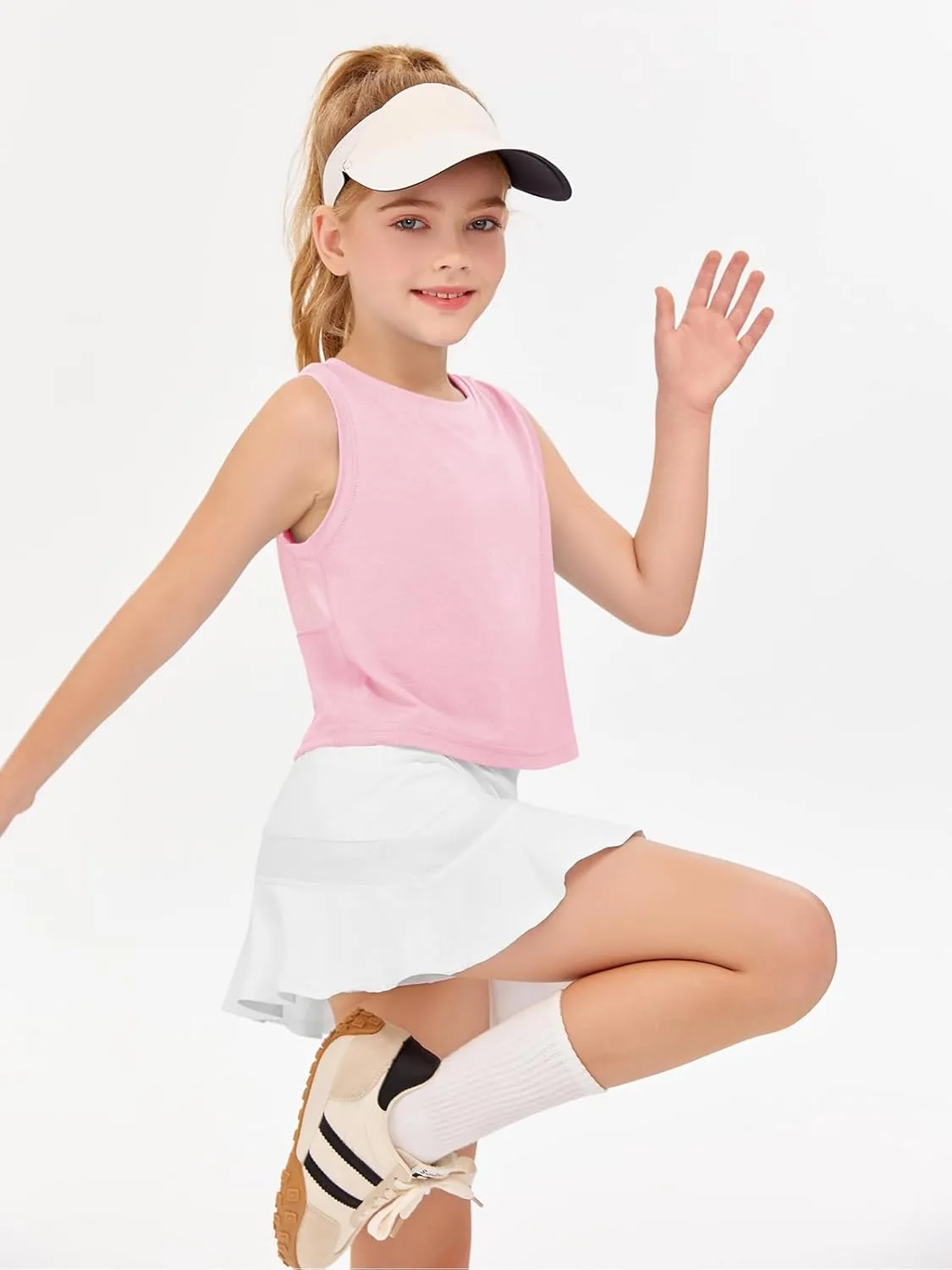 Haloumoning Girls Athletic Tank Tops Kids Sleeveless Crop Tops Mesh Back Workout Cute Sports Shirts 5-14 Years