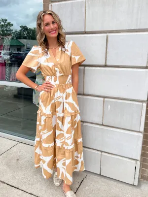 Hazel Abstract Palmer Poplin Tiered Maxi Dress
