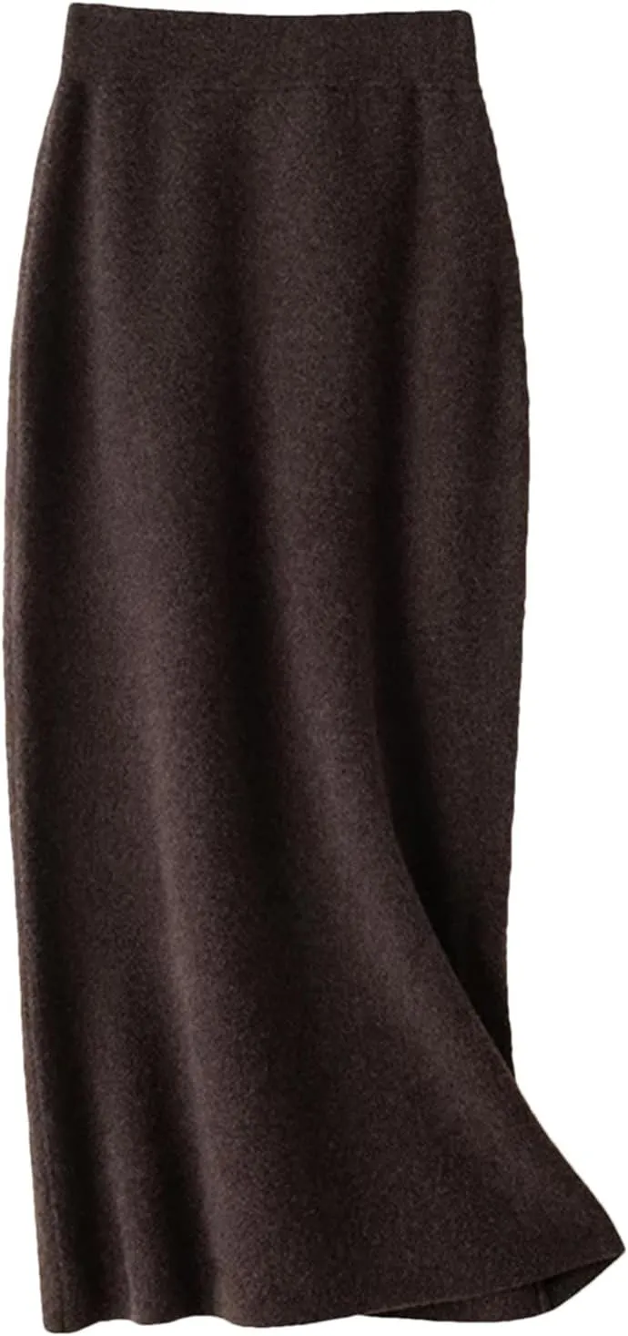 Hcclijo Korean Style Winter Cashmere Knitted Long Skirt for Women Mid-Length High-Waisted A-Line Skirt