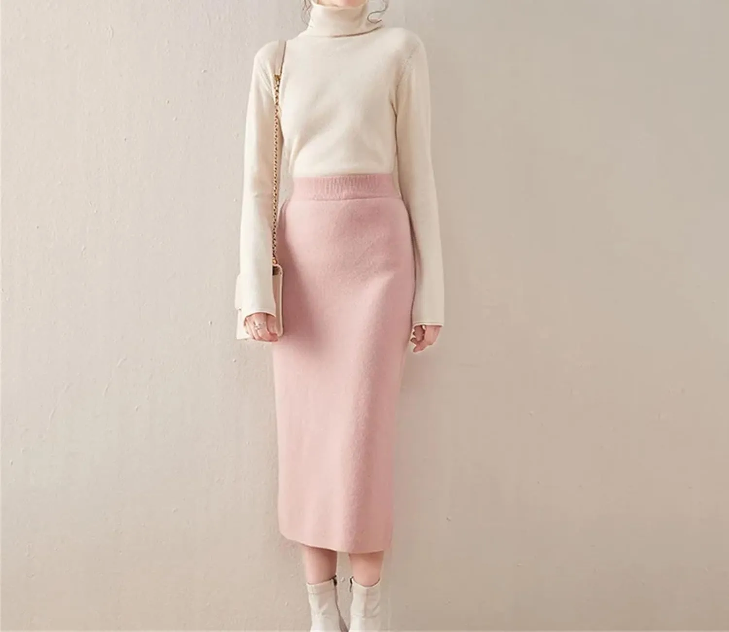 Hcclijo Korean Style Winter Cashmere Knitted Long Skirt for Women Mid-Length High-Waisted A-Line Skirt