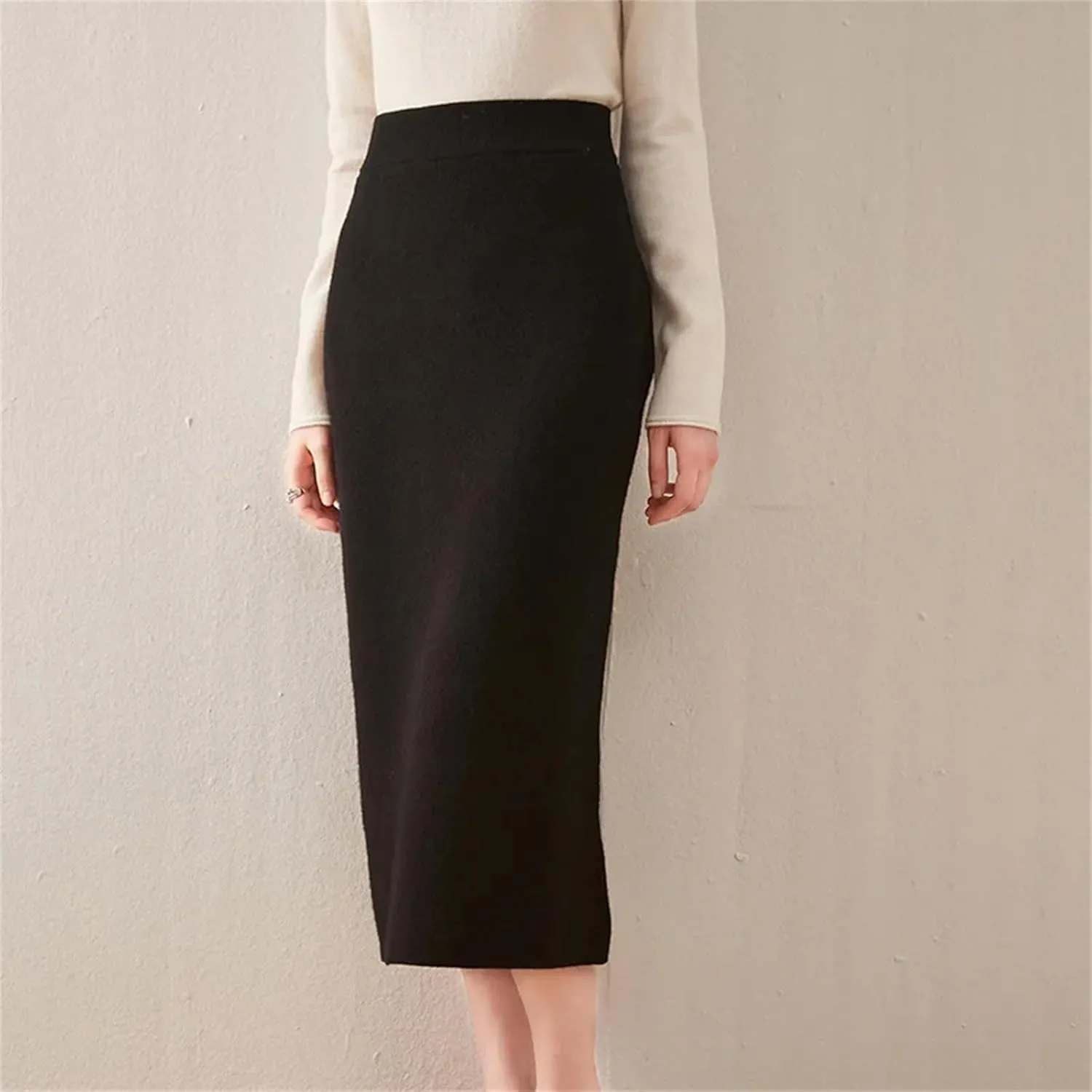 Hcclijo Korean Style Winter Cashmere Knitted Long Skirt for Women Mid-Length High-Waisted A-Line Skirt