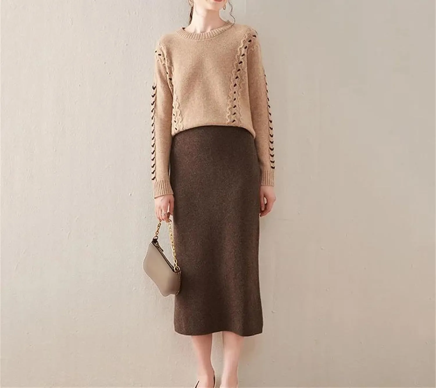 Hcclijo Korean Style Winter Cashmere Knitted Long Skirt for Women Mid-Length High-Waisted A-Line Skirt