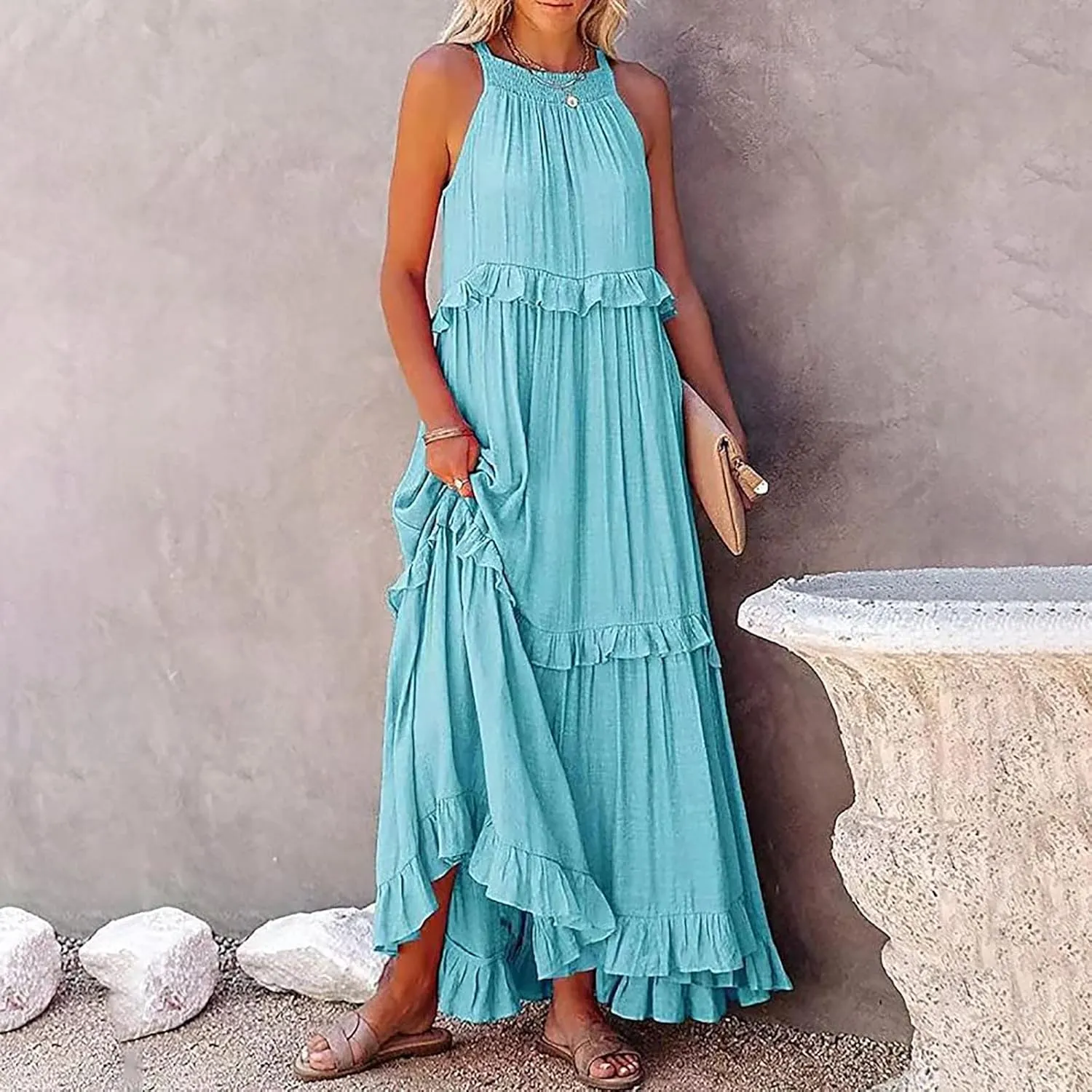 High Neck Dresses For Women Spring Ruffle Tiered Layered Pleated Sundress Sleeveless Beach Boho 2025 Maxi Dress