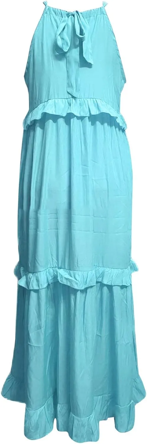 High Neck Dresses For Women Spring Ruffle Tiered Layered Pleated Sundress Sleeveless Beach Boho 2025 Maxi Dress