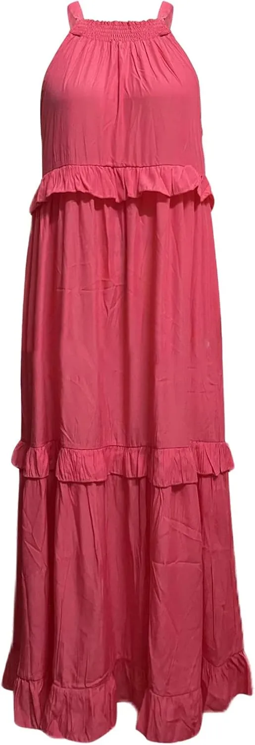 High Neck Dresses For Women Spring Ruffle Tiered Layered Pleated Sundress Sleeveless Beach Boho 2025 Maxi Dress