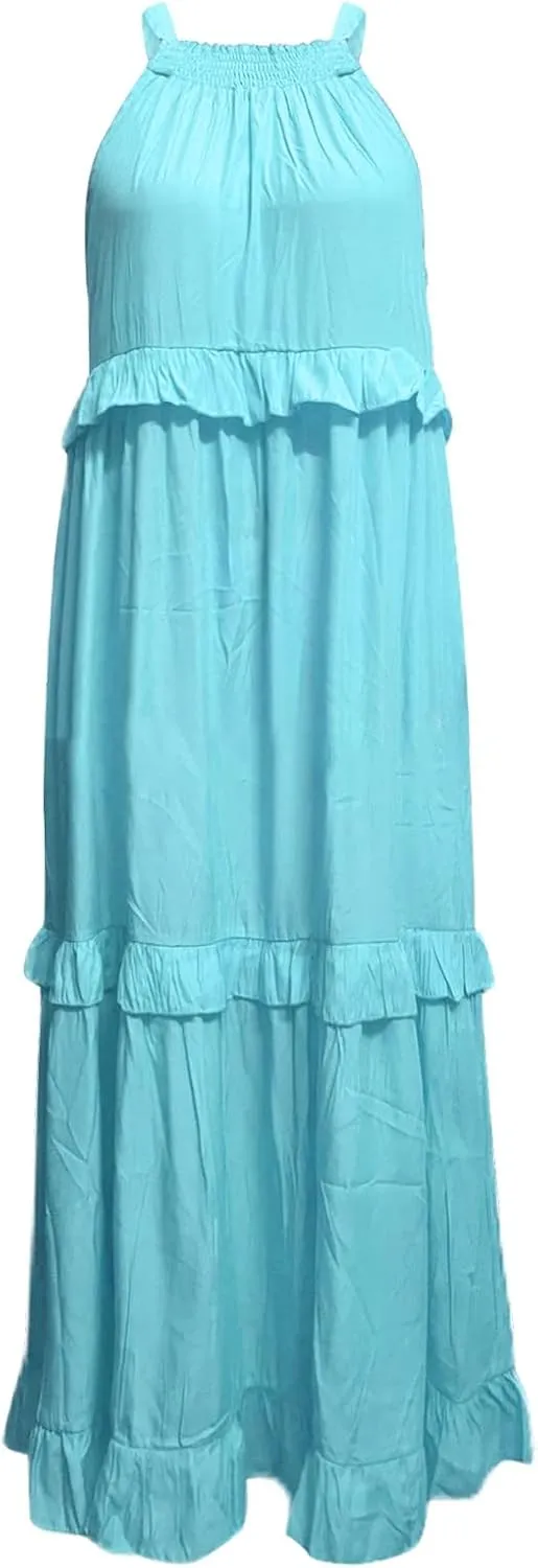 High Neck Dresses For Women Spring Ruffle Tiered Layered Pleated Sundress Sleeveless Beach Boho 2025 Maxi Dress