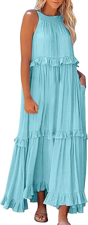 High Neck Dresses For Women Spring Ruffle Tiered Layered Pleated Sundress Sleeveless Beach Boho 2025 Maxi Dress
