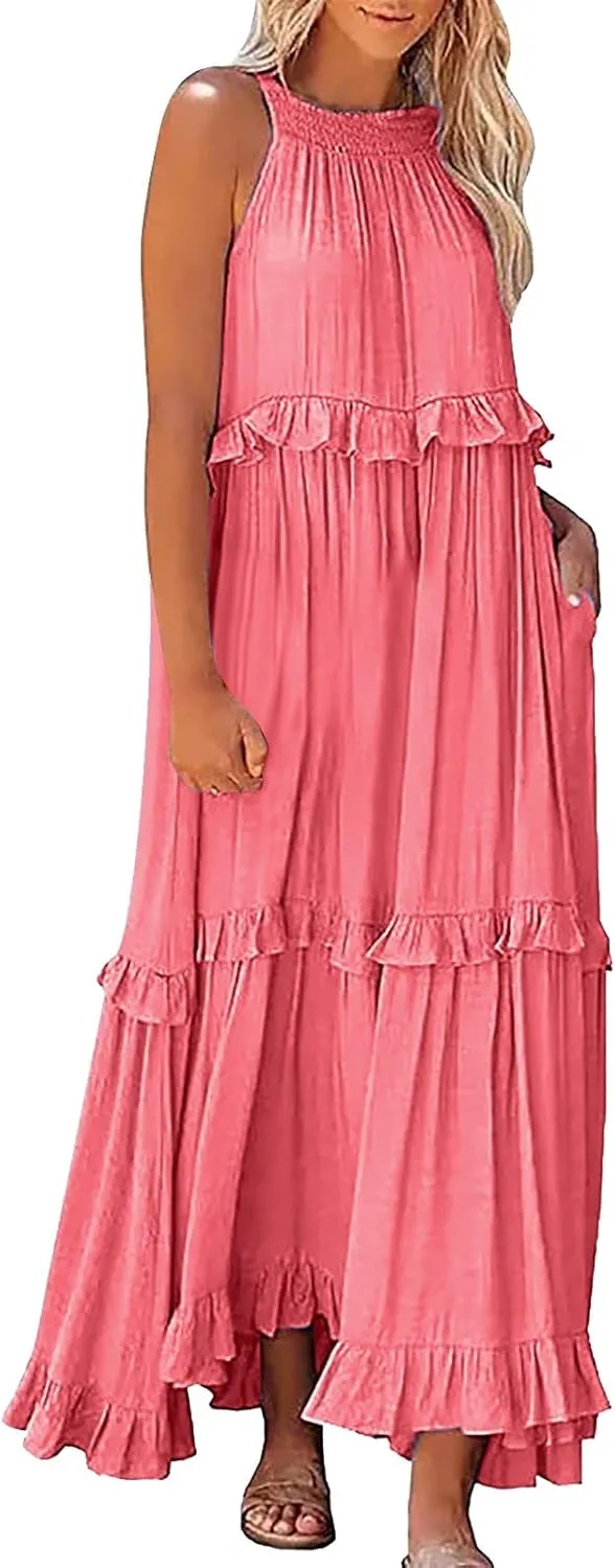 High Neck Dresses For Women Spring Ruffle Tiered Layered Pleated Sundress Sleeveless Beach Boho 2025 Maxi Dress