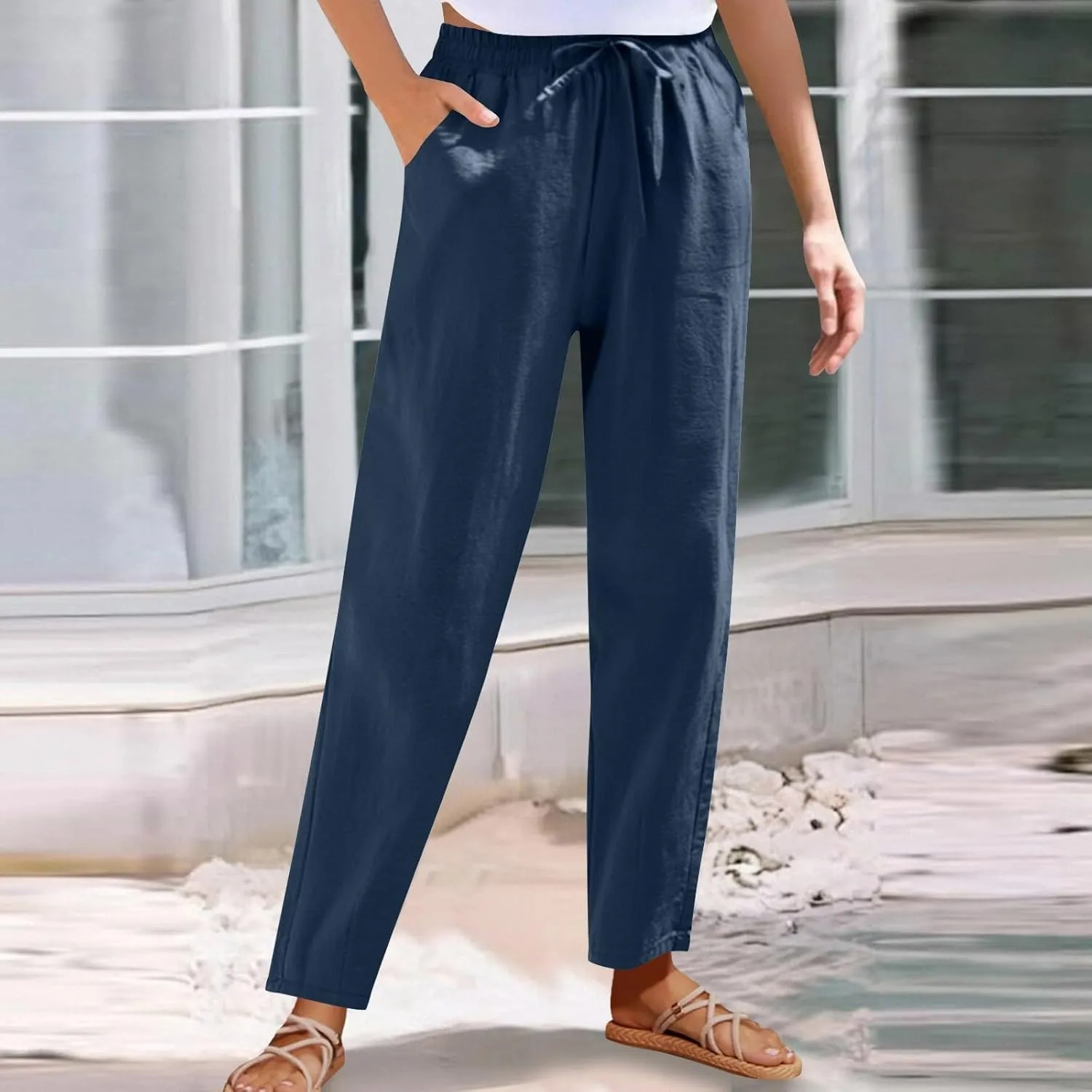 High Waisted Pants for Women Casual Comfy Wide Leg Stretchy Pant Solid Color Cotton Linen Pocketed Bootcut Trousers