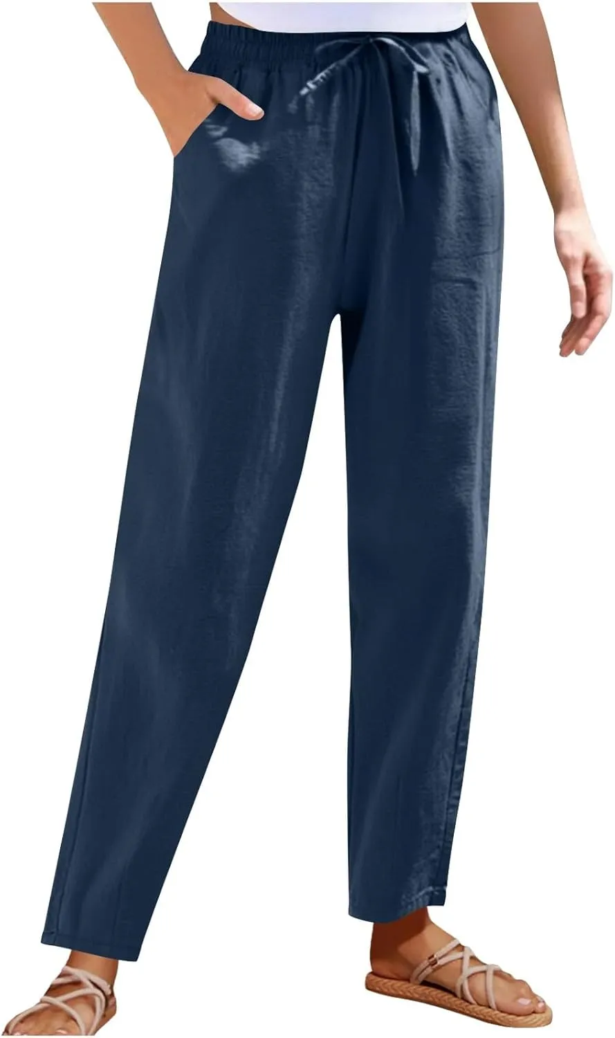 High Waisted Pants for Women Casual Comfy Wide Leg Stretchy Pant Solid Color Cotton Linen Pocketed Bootcut Trousers