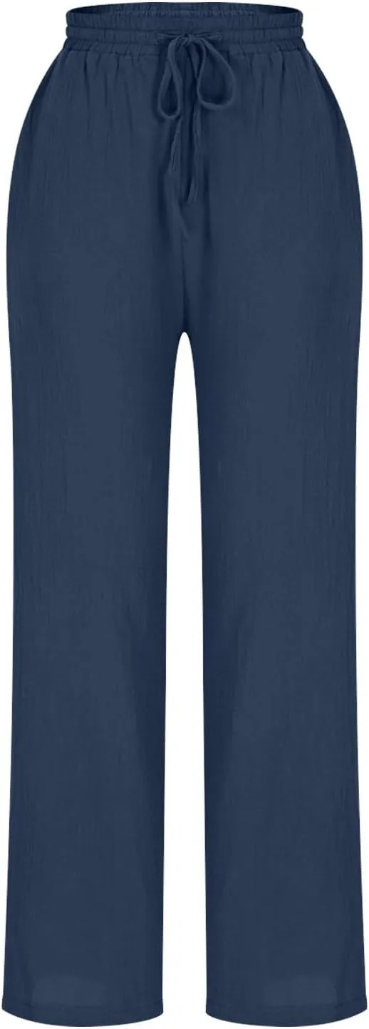 High Waisted Pants for Women Casual Comfy Wide Leg Stretchy Pant Solid Color Cotton Linen Pocketed Bootcut Trousers