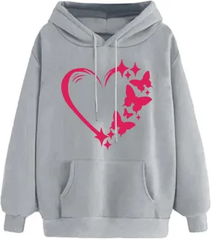 Hoodies for Women Trendy Heart Print Long Sleeve Drawstring Pullover Tops Oversized Casual Sweatshirts with Pocket