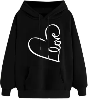 Hoodies for Women Trendy Heart Print Long Sleeve Drawstring Pullover Tops Oversized Casual Sweatshirts with Pocket